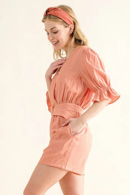 And The Why Flounce Sleeves Romper with Belt
