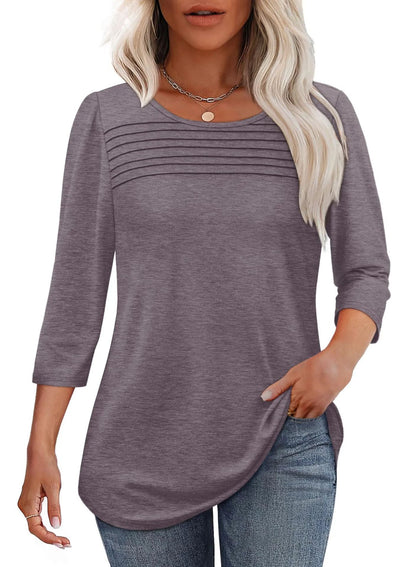 Soft Pleated 3/4 Sleeve Top - Polyester Blend Round Neck Pullover