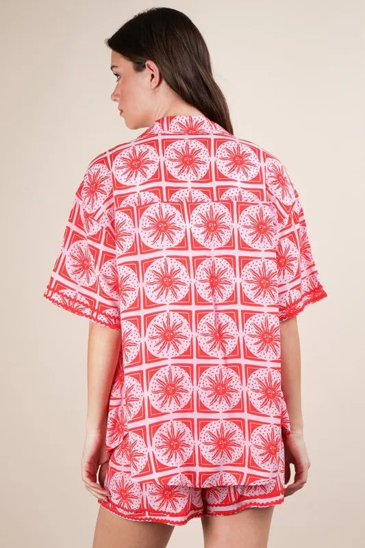 VERY J Full Size Tropical Printed Shirt Top and Shorts Set Plus Size