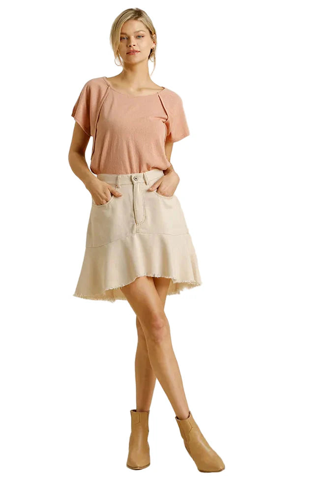 Linen Blend 5 Pockets High Low Skirt with Frayed Hem