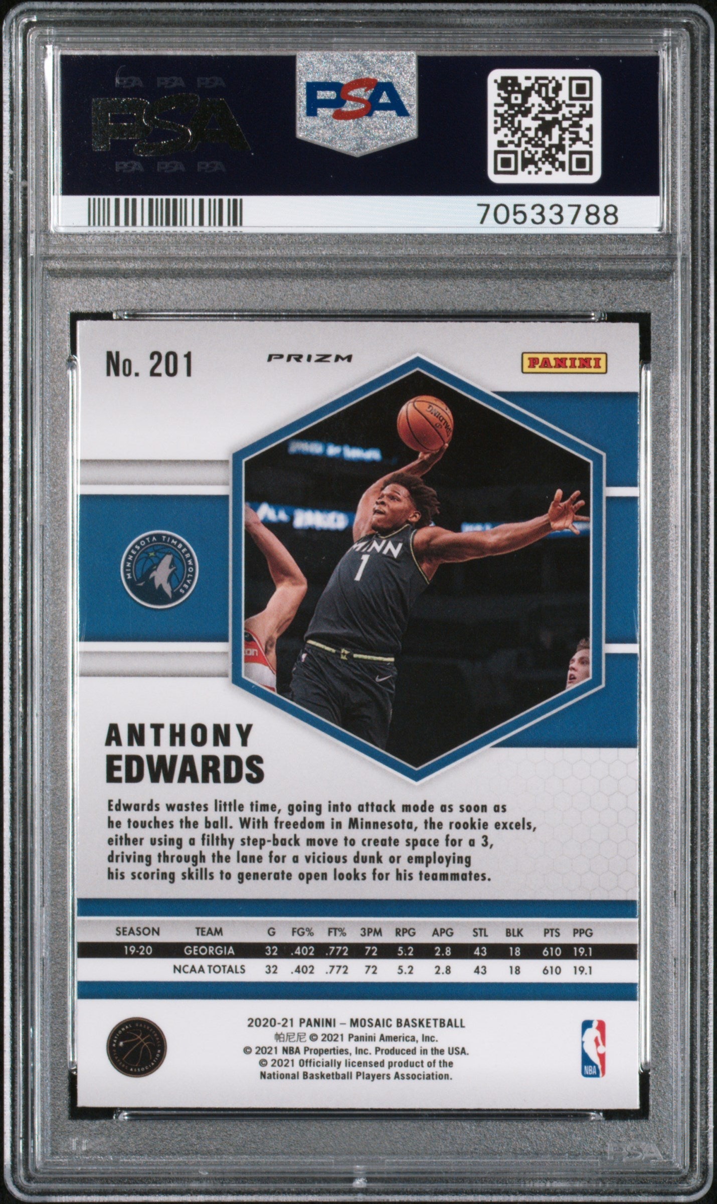 Graded 2020-21 Panini Mosaic Anthony Edwards #201 Camo Pink Rookie RC Basketball Card PSA 10 Gem Mint