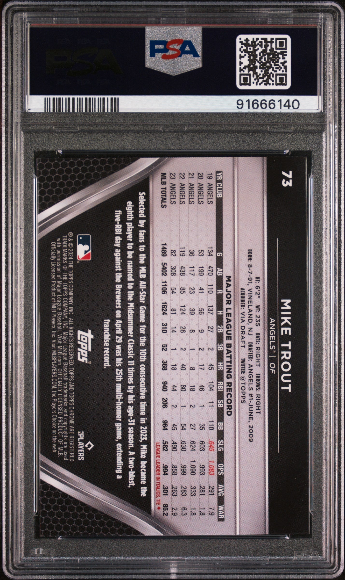 Graded 2024 Topps Chrome Black Mike Trout #73 Baseball Card PSA 10 Gem Mint