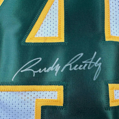 Framed Autographed/Signed Rudy Ruettiger 35x39 Notre Dame White/Green College Football Jersey JSA COA