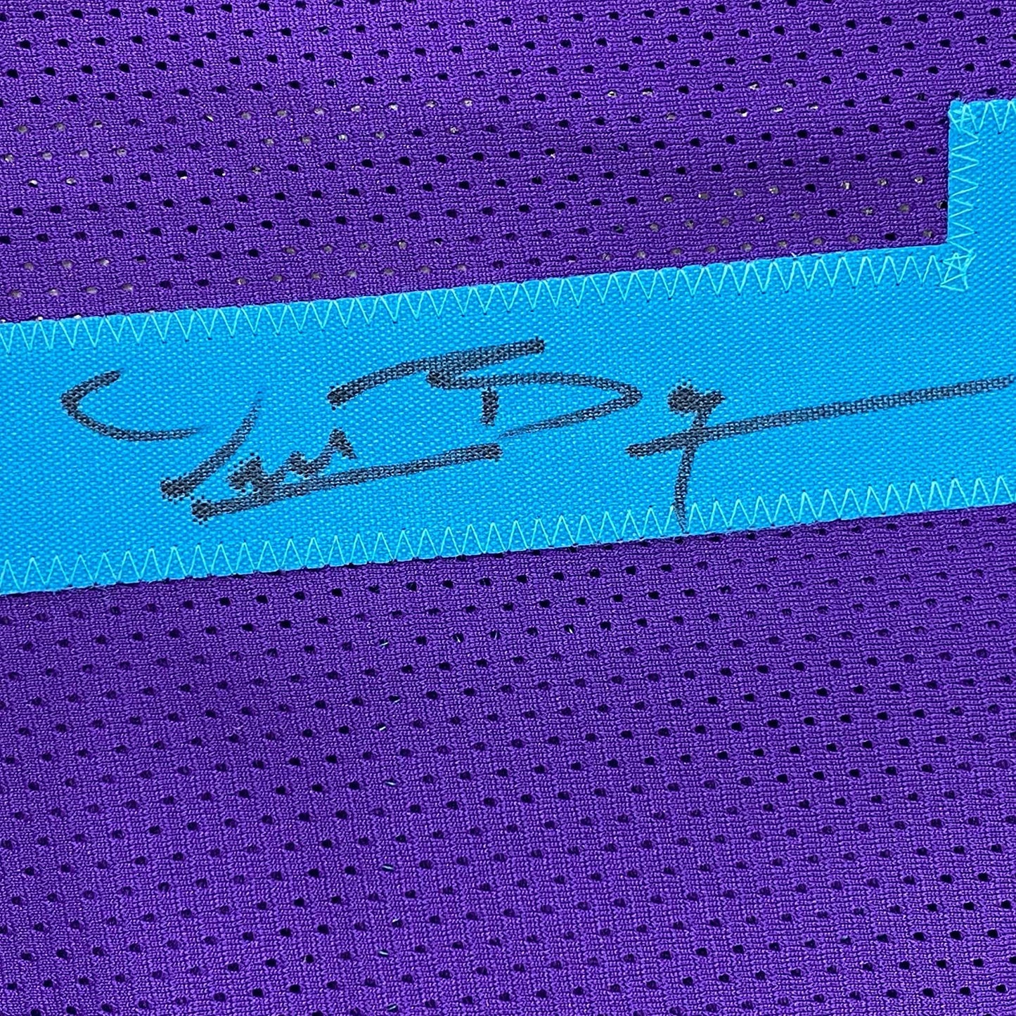 Framed Autographed/Signed Muggsy Bogues 35x39 Charlotte Purple Modern Basketball Jersey Beckett BAS COA