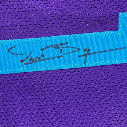 Framed Autographed/Signed Muggsy Bogues 35x39 Charlotte Purple Modern Basketball Jersey Beckett BAS COA