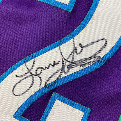 Framed Autographed/Signed Larry Johnson 35x39 Charlotte Purple Basketball Jersey JSA COA