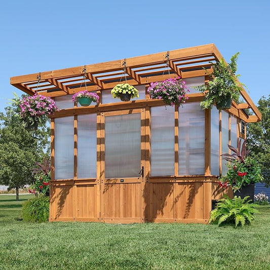 Backyard Discovery Poppy 11' x 7' Cedar Wood and Polycarbonate Walk-In Greenhouse Kit with Exhaust Fan, Windows, Hose Hook-Ups, PowerPort, Staging Shelves, Plant Hooks for Year-Round Outdoor Gardening