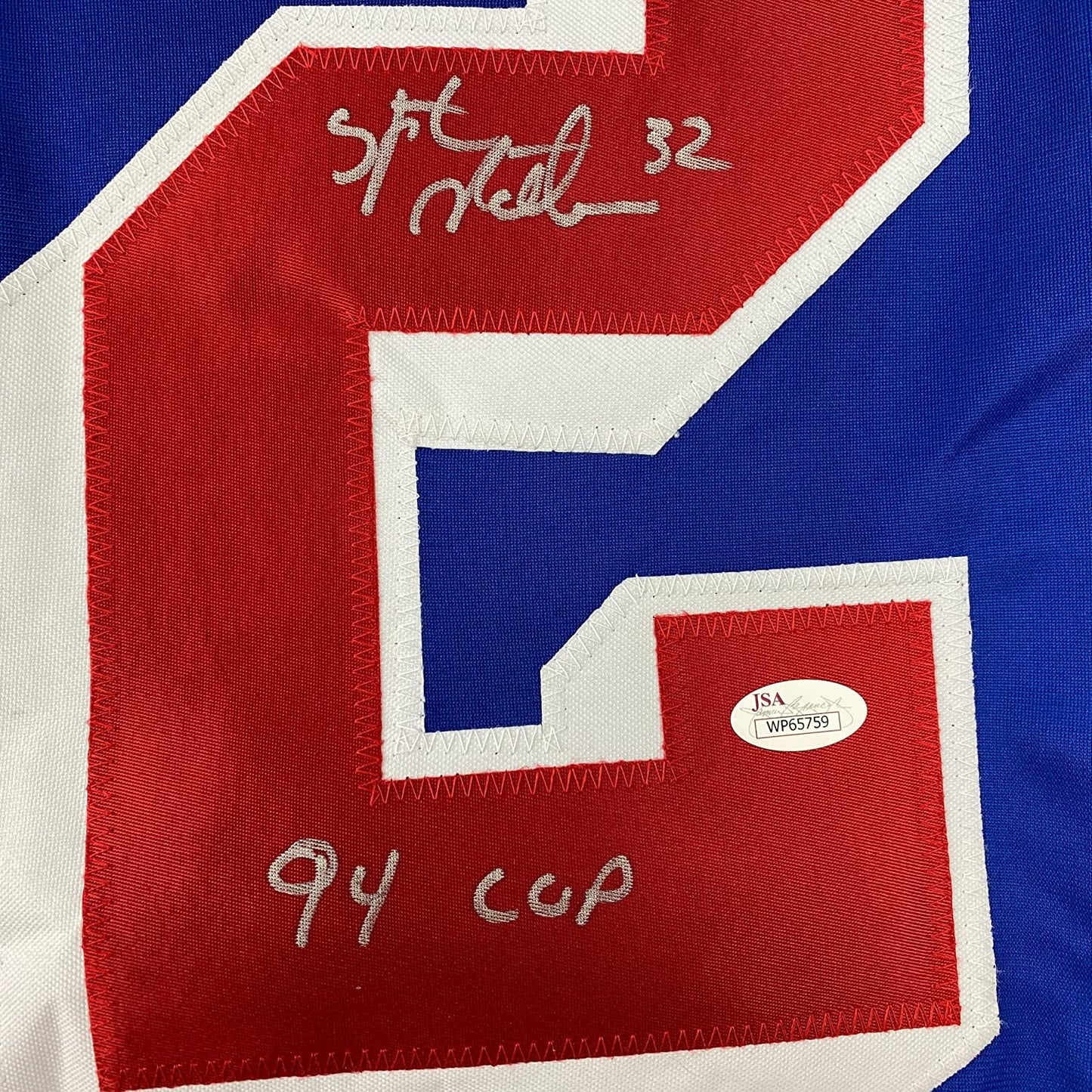 Framed Autographed/Signed Stephane Matteau 35x39 94 Cup New York Blue Hockey Jersey JSA COA
