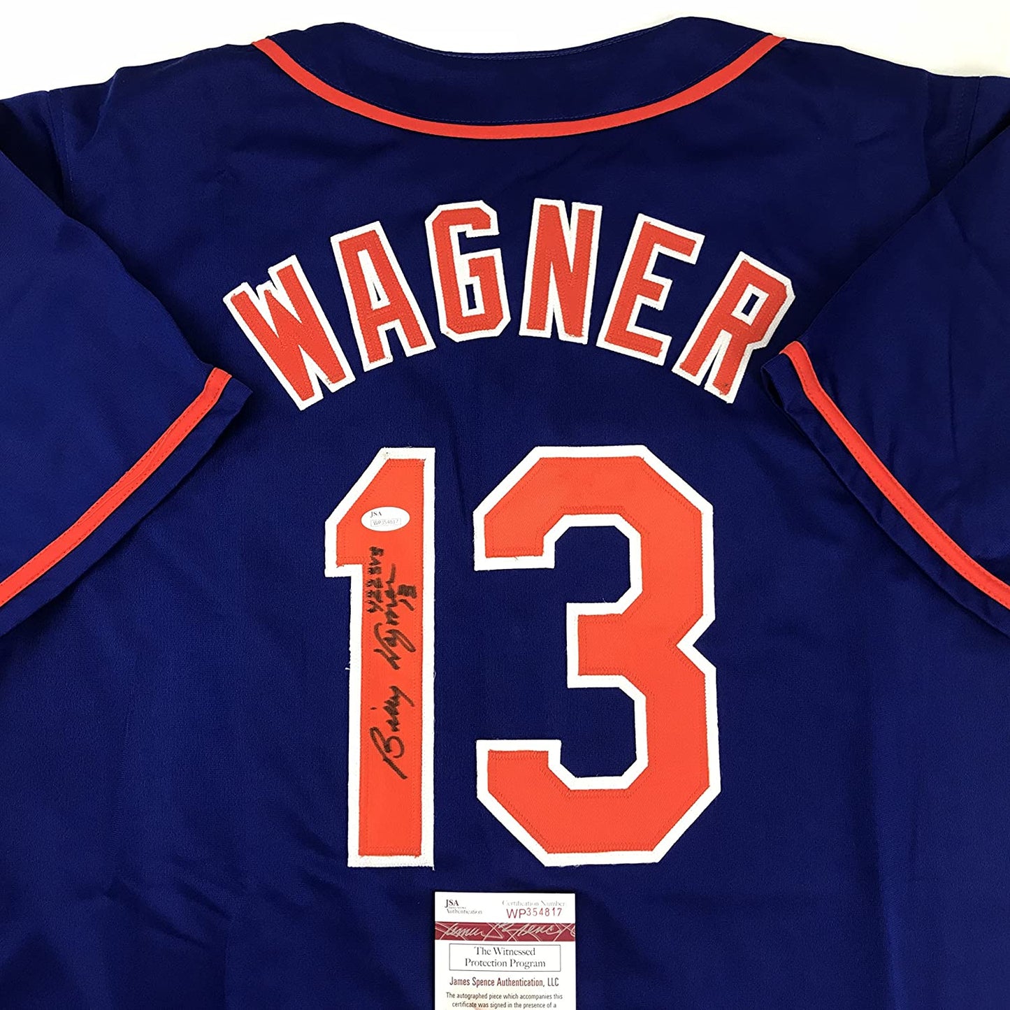 Autographed/Signed Billy Wagner 422 Saves New York Blue Baseball Jersey JSA COA