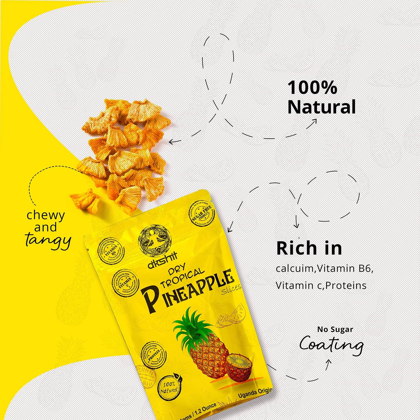 Akshit Premium Dried Pineapple Chunks | 100% Natural, No Sugar, Gluten-Free, Non-GMO 1.2 oz (12 count ) I piña bocadillo I Tranches d'ananas secs