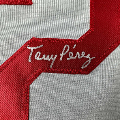 Framed Autographed/Signed Tony Perez 35x39 Cincinnati Grey Baseball Jersey Beckett BAS COA