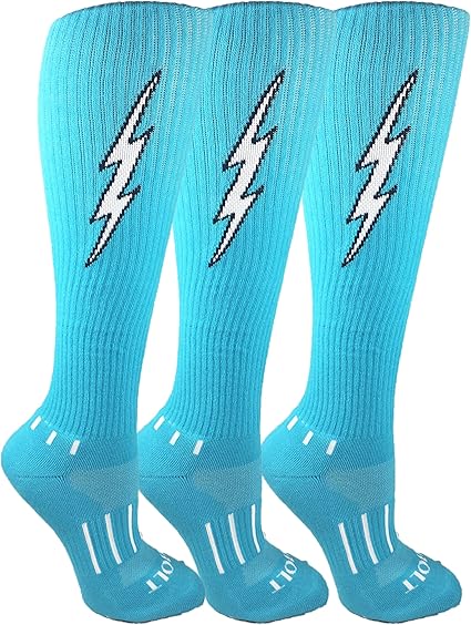 Cyan with White Knee-High Insane Bolt Soccer Socks