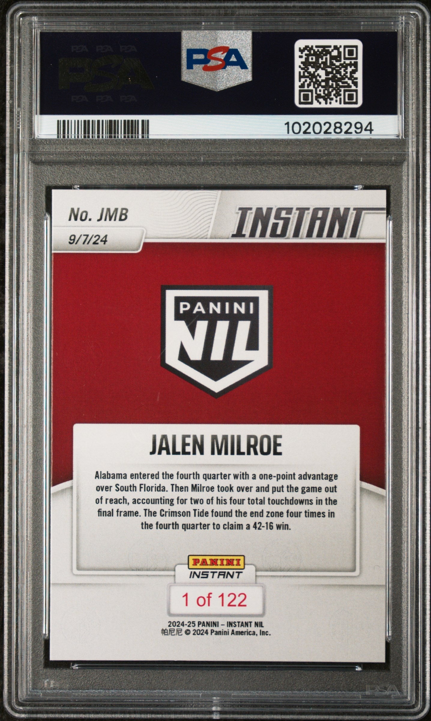 Graded 2024 Panini Instant NIL Jalen Milroe #JMB Rookie RC Football Card PSA 10 Gem Mint