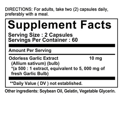 Garlic Oil Capsules - for Immune and Cardiovascular, Cholesterol Health, Enhances Immunity - 120 Capsules