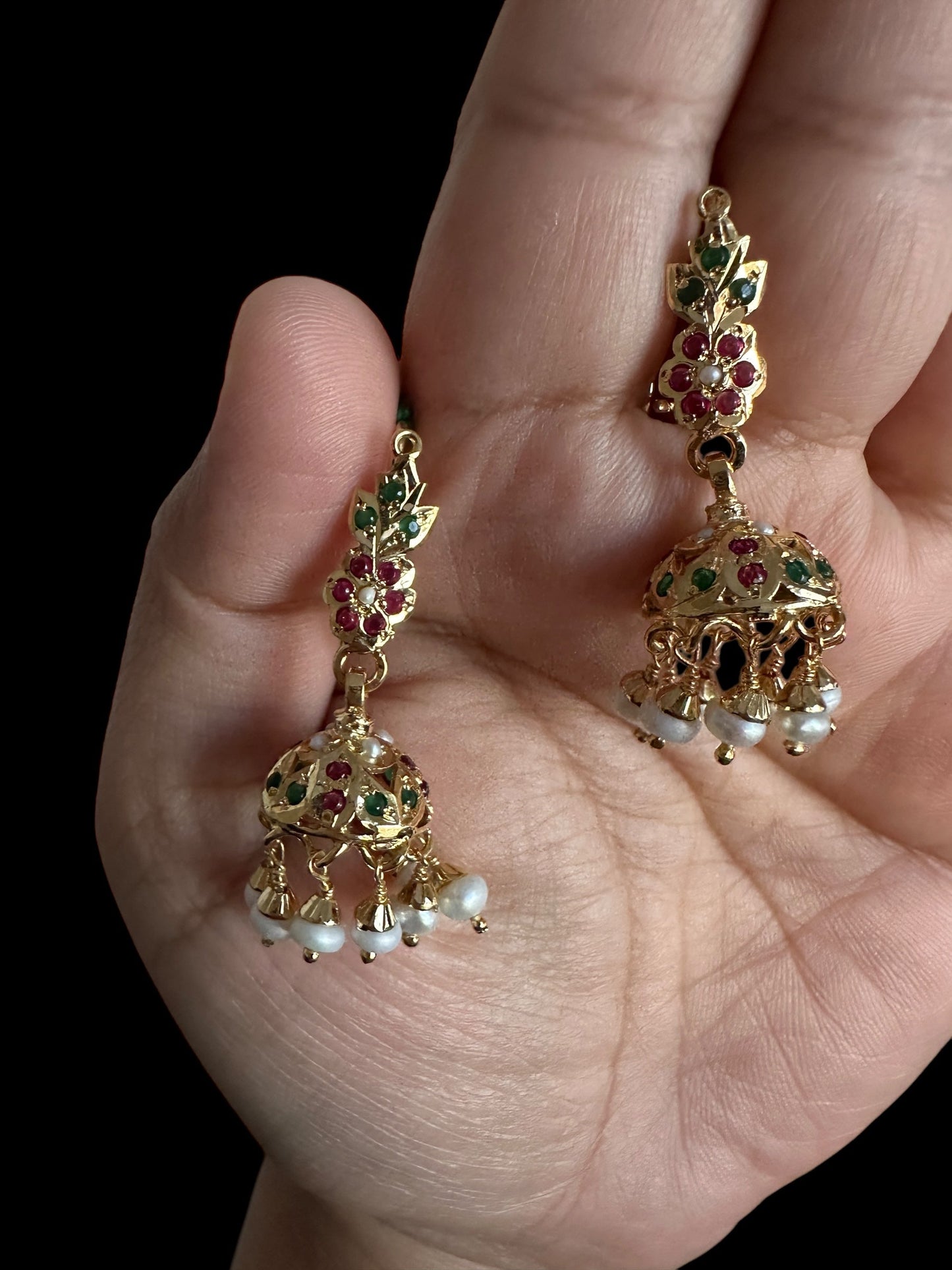 Light weight jhumka earrings in gold plated silver - ruby emerlad ( SHIPS IN 5 WEEKS )