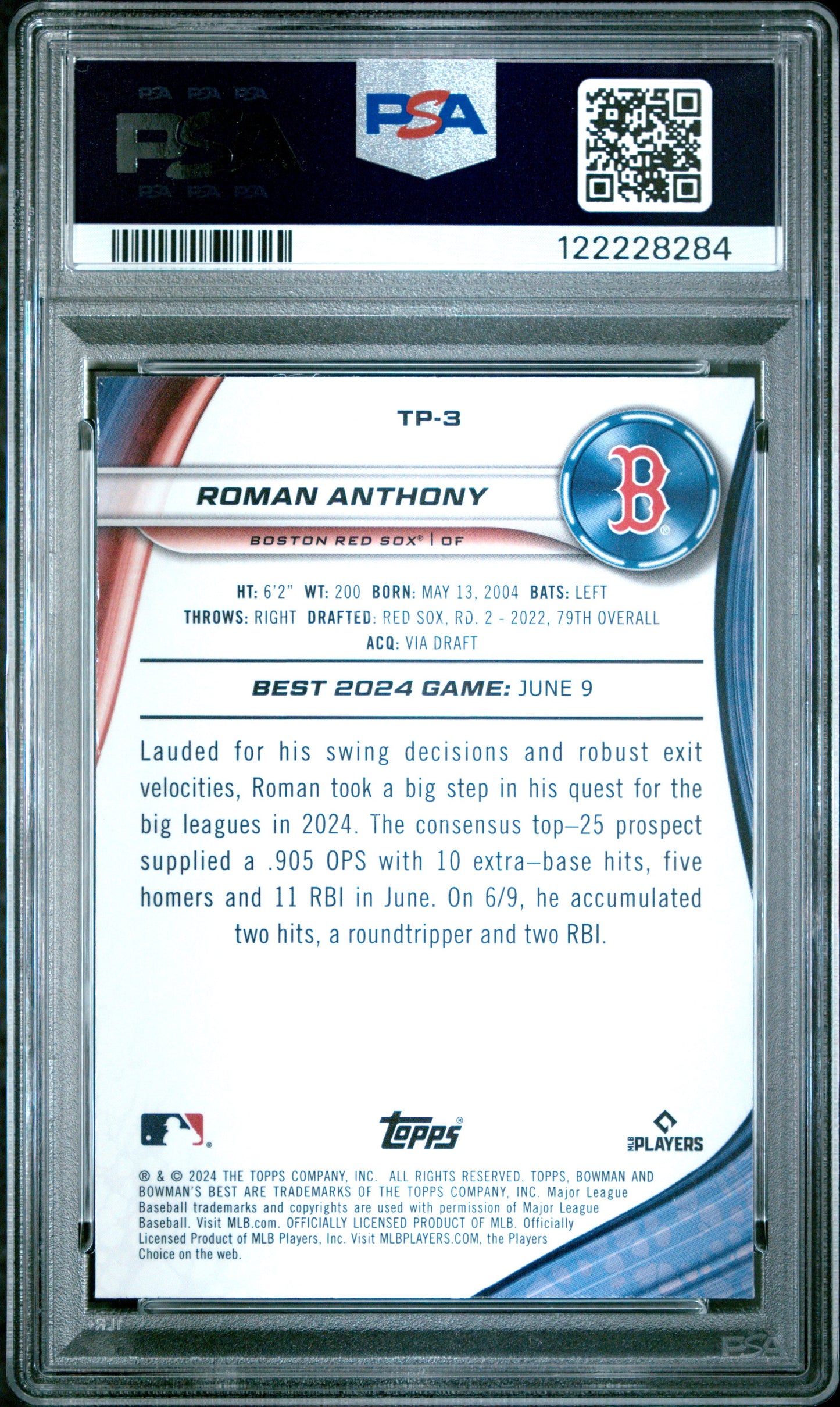 Graded 2024 Topps Bowmans Best Roman Anthony #TP3 Top Prospects Rookie RC Baseball Card PSA 8 Near Mint