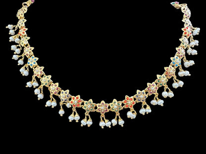 Navratan / Multicolored Jadau Necklace Set in Gold Plated Silver ( READY TO SHIP )