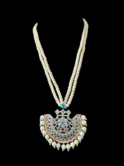 Turquoise / feroza hyderabadi silver plated pendant set with pearls ( READY TO SHIP  )