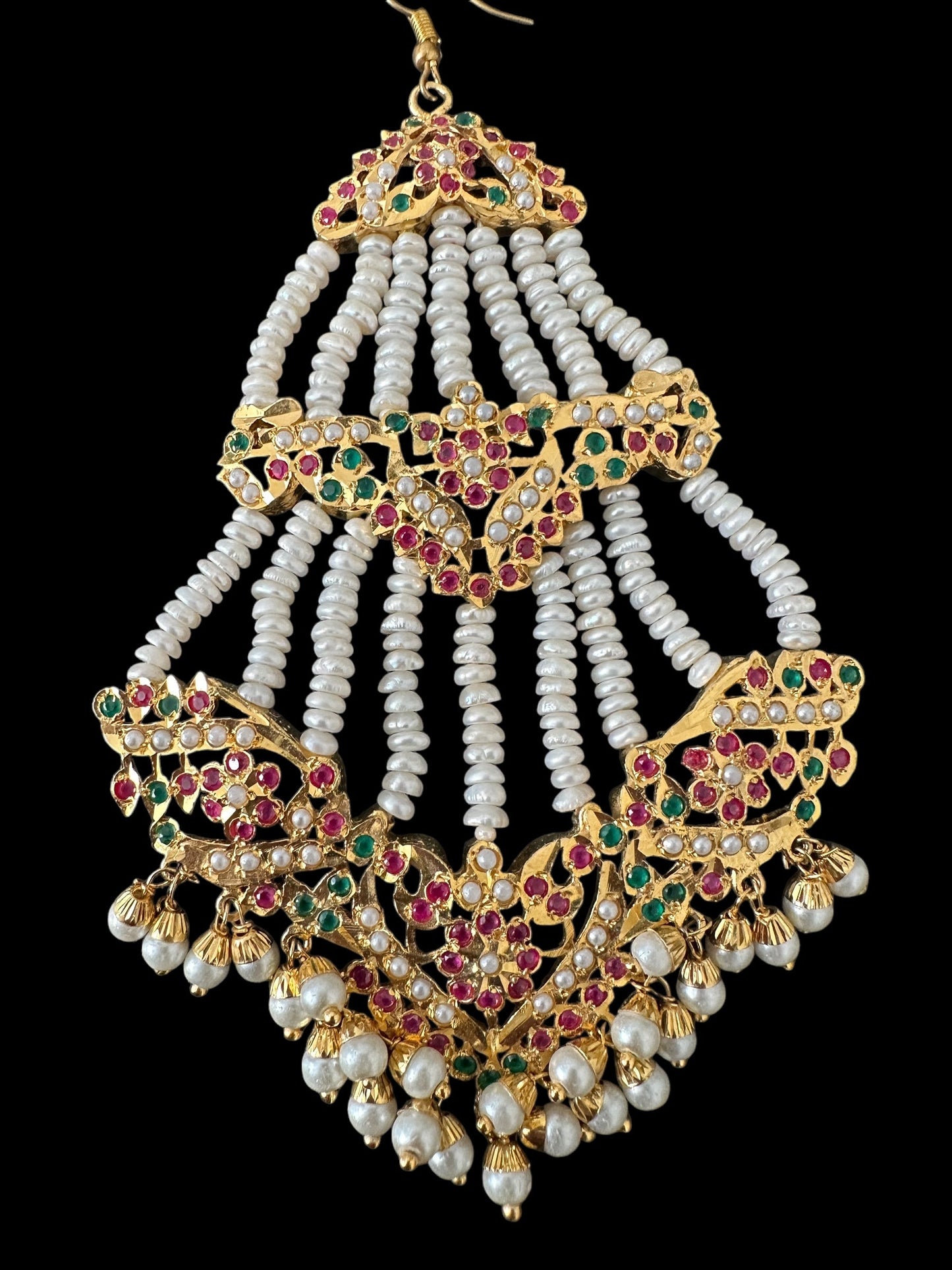 DJHR150 ASMITA jadau jhoomar in ruby emerald with fresh water pearls ( SHIPS IN 3 WEEKS  )
