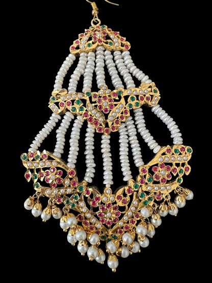 DJHR150 ASMITA jadau jhoomar in ruby emerald with fresh water pearls ( SHIPS IN 3 WEEKS  )