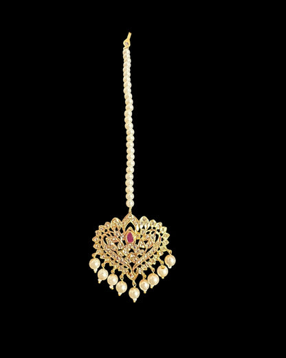 DJTK358 Hiba Gold-Plated Polki Tikka with Ruby & Shell Pearls  ( READY TO SHIP )