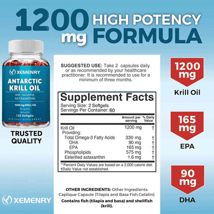 Antarctic Krill Oil Supplement - EPA, DHA, Astaxanthin Phospholipids, Heart, Brain, Joint Eye Health - 120 Capsules