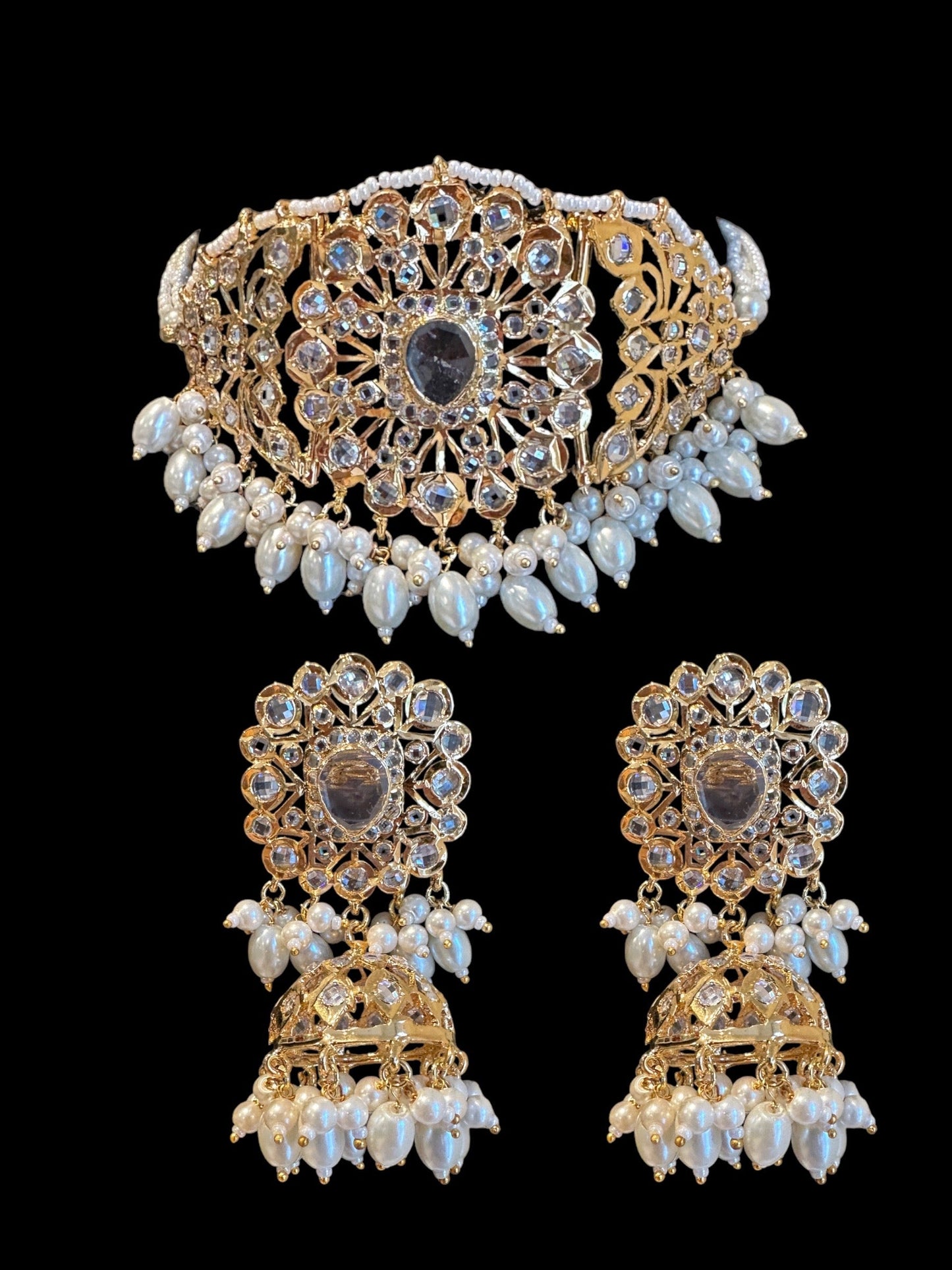 C332 Hyderabadi  choker set in pearls  with jhumka ( SHIPS IN 4 WEEKS  )