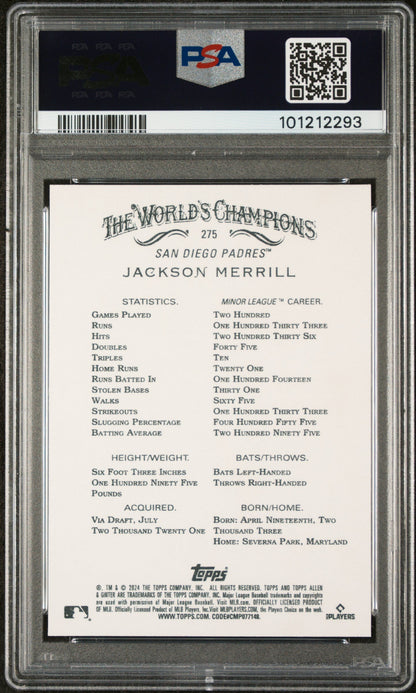 Graded 2024 Topps Allen & Ginter Jackson Merrill #275 Rookie RC Baseball Card PSA 10 Gem Mint