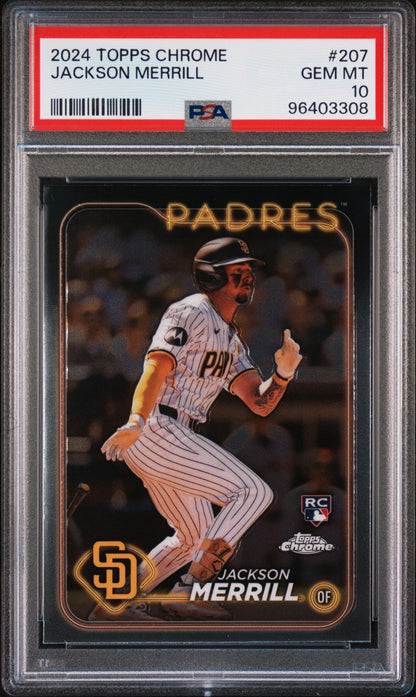 Graded 2024 Topps Chrome Jackson Merrill #207 Rookie RC Baseball Card PSA 10 Gem Mint
