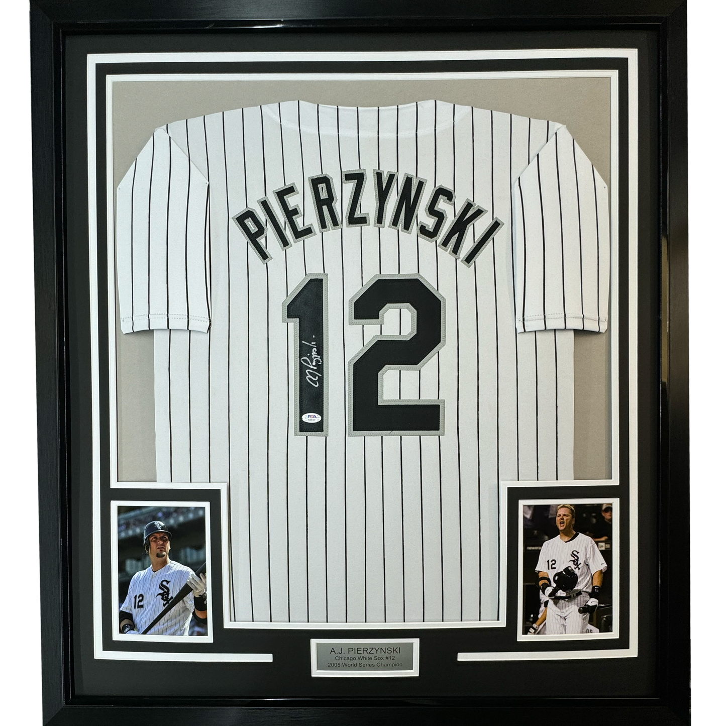Framed Autographed/Signed AJ A.J. Pierzynski 35x39 Chicago Pinstripe Baseball Jersey PSA/DNA COA