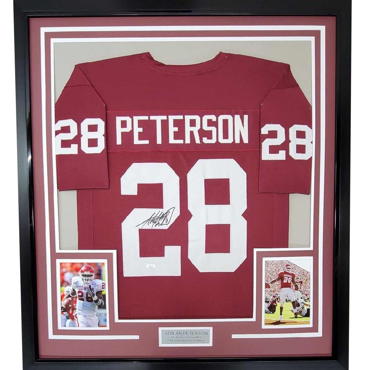 Framed Autographed/Signed Adrian Peterson 35x39 Oklahoma Maroon College Football Jersey JSA COA