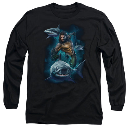 Aquaman Movie Swimming With Sharks Mens Long Sleeve Shirt Black Officially Licensed