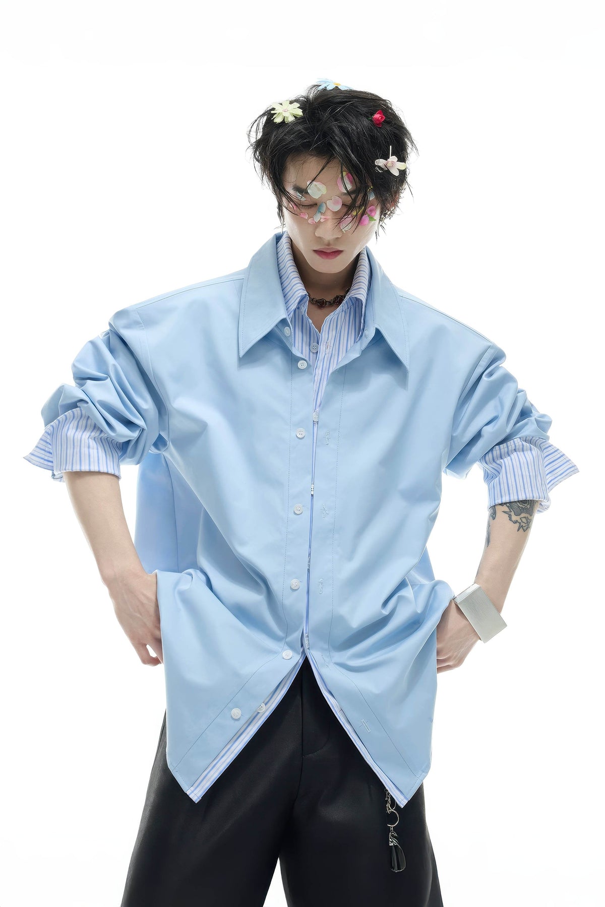 Deconstructed Stripe Shirt - Colorblock Layered Designer Top
