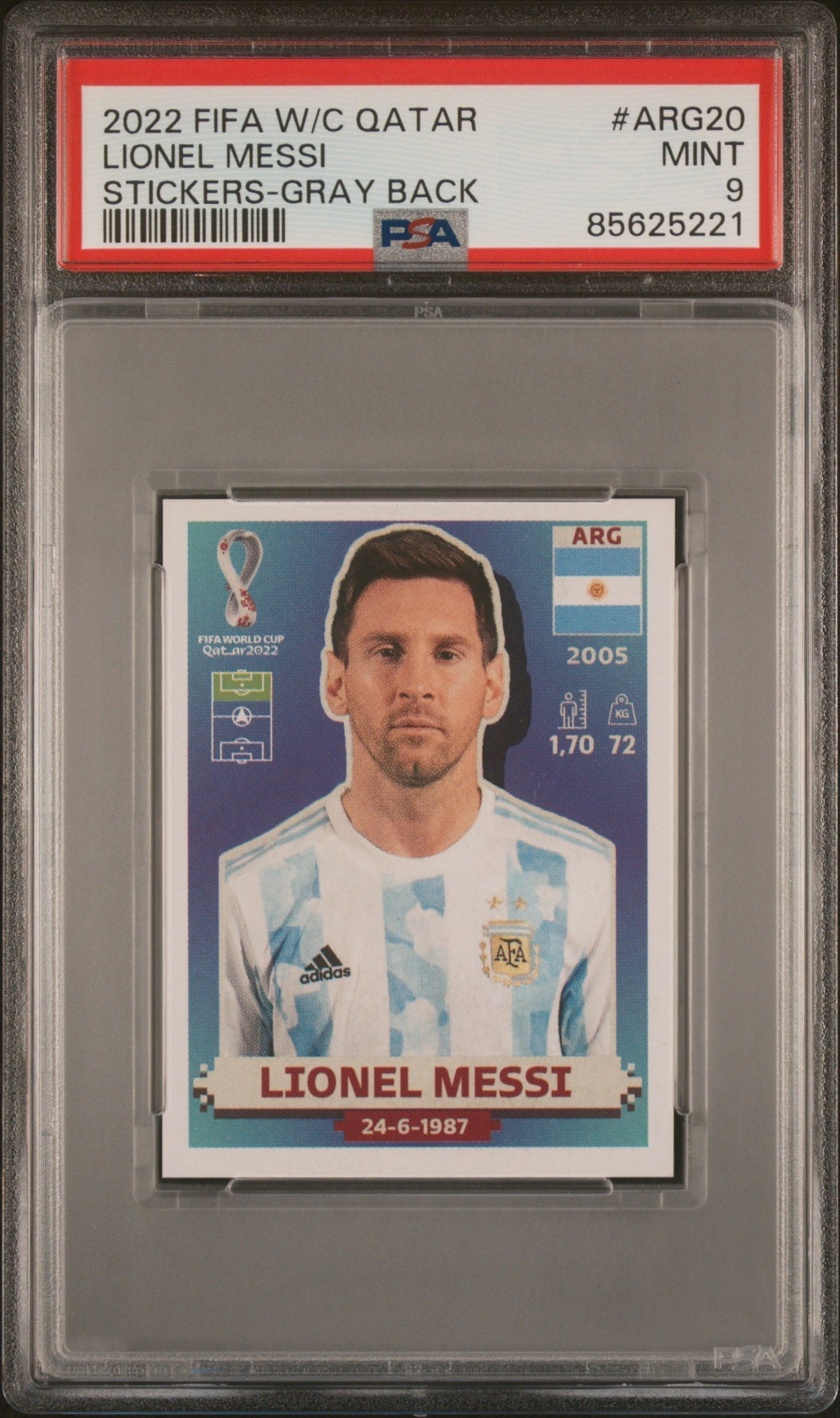 Graded 2022 Panini World Cup Lionel Messi #ARG20 Gray Back Soccer Sticker Card PSA 9 Mint