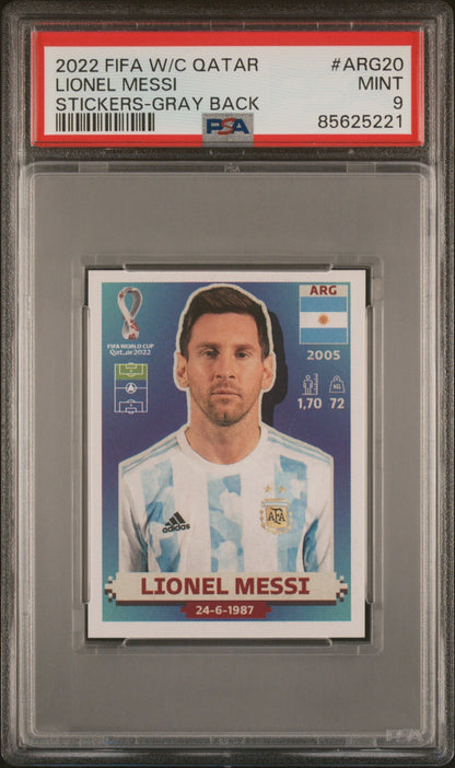 Graded 2022 Panini World Cup Lionel Messi #ARG20 Gray Back Soccer Sticker Card PSA 9 Mint