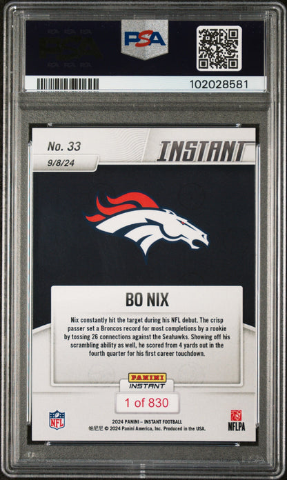 Graded 2024 Panini Instant NFL Bo Nix #33 Rookie RC Football Card PSA 10 Gem Mint