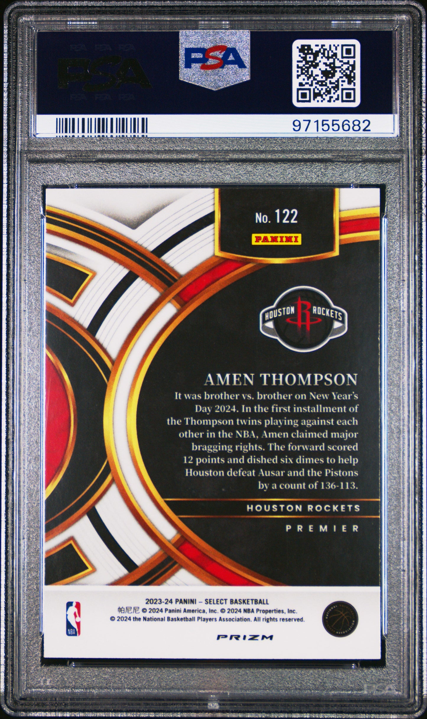 Graded 2023 Panini Select Amen Thompson #122 Red Cracked Ice Rookie RC Basketball Card PSA 10 Gem Mint