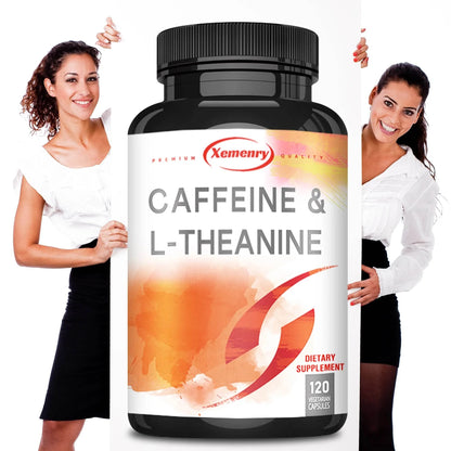 Caffeine & L-theanine Capsules - Enhances Energy Levels, Focus and Concentration - 120 Capsules