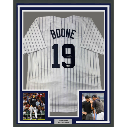 Framed Autographed/Signed Aaron Boone 35x39 New York Pinstripe Baseball Jersey Beckett BAS COA