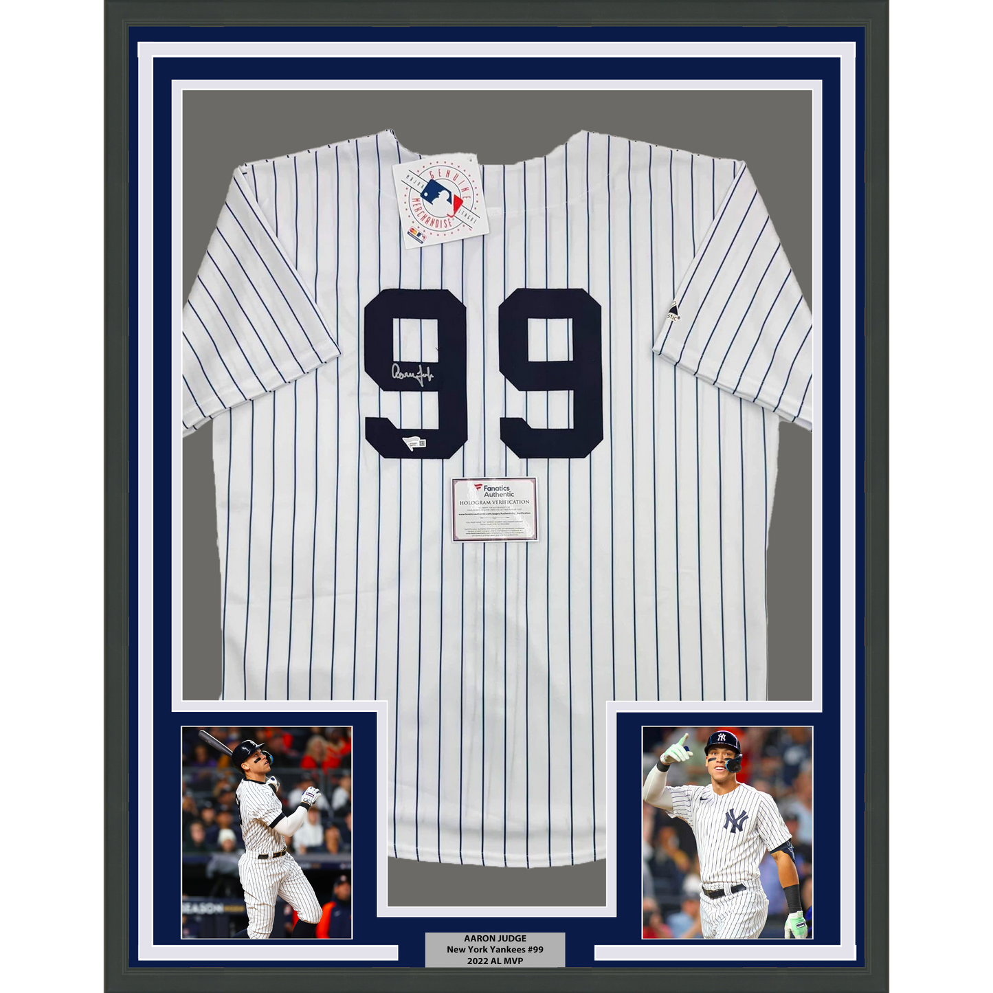 Framed Autographed/Signed Aaron Judge 35x39 New York Yankees Authentic Majestic Pinstripe Baseball Jersey Fanatics COA