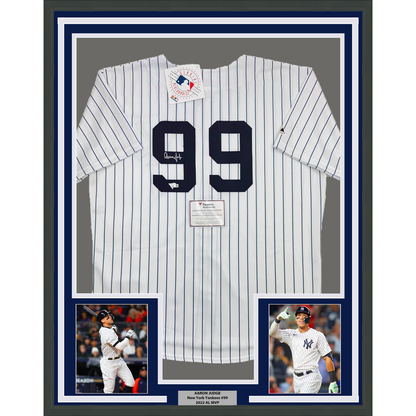 Framed Autographed/Signed Aaron Judge 35x39 New York Yankees Authentic Majestic Pinstripe Baseball Jersey Fanatics COA