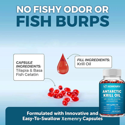 Antarctic Krill Oil Supplement - EPA, DHA, Astaxanthin Phospholipids, Heart, Brain, Joint Eye Health - 120 Capsules