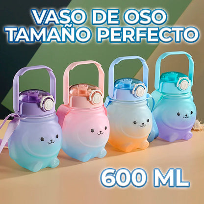 600ml Kawaii Bear Design Water Bottle - With Strap