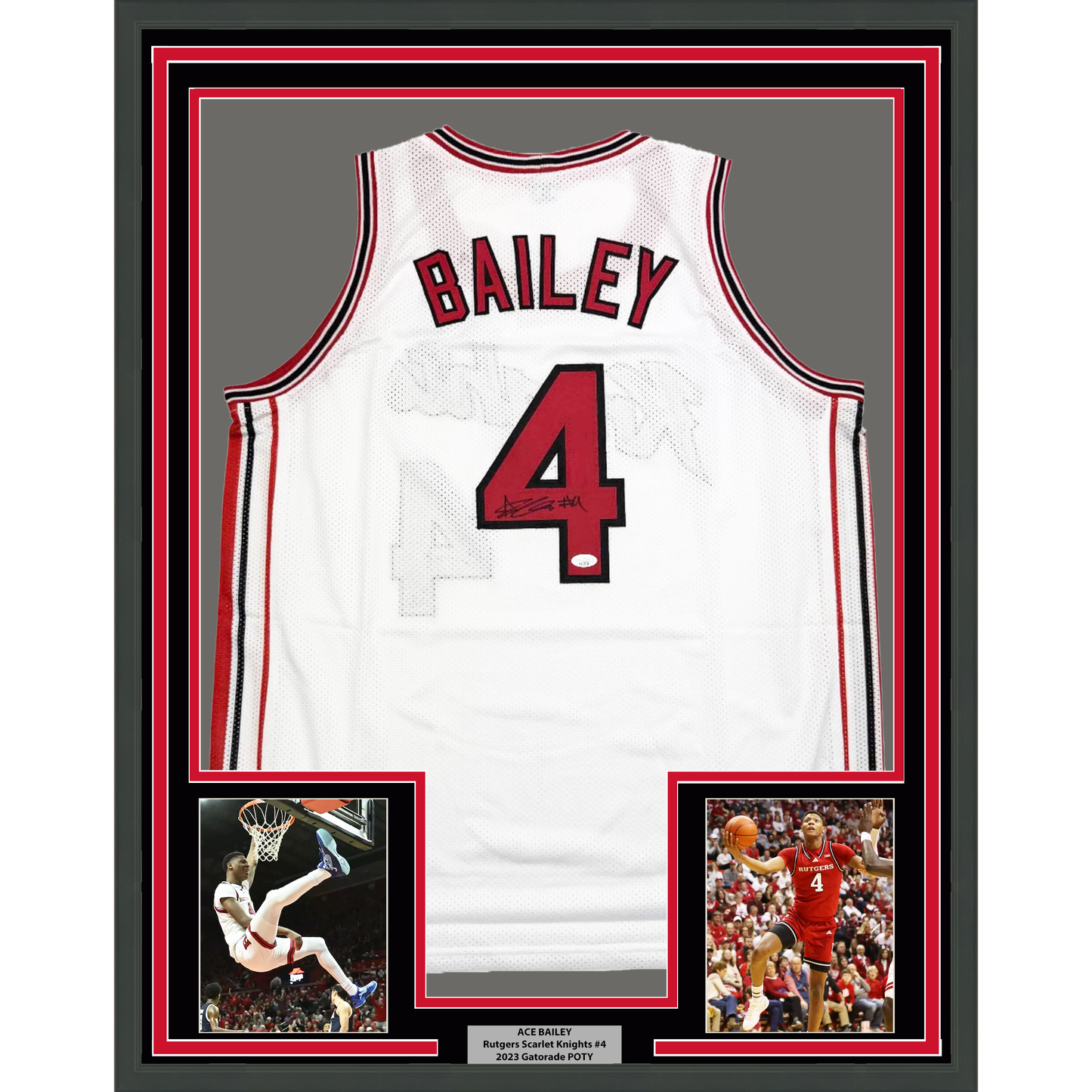 Framed Autographed/Signed Ace Bailey 35x39 Rutgers White College Basketball Jersey JSA COA
