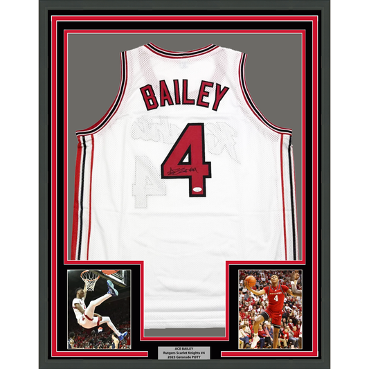 Framed Autographed/Signed Ace Bailey 35x39 Rutgers White College Basketball Jersey JSA COA