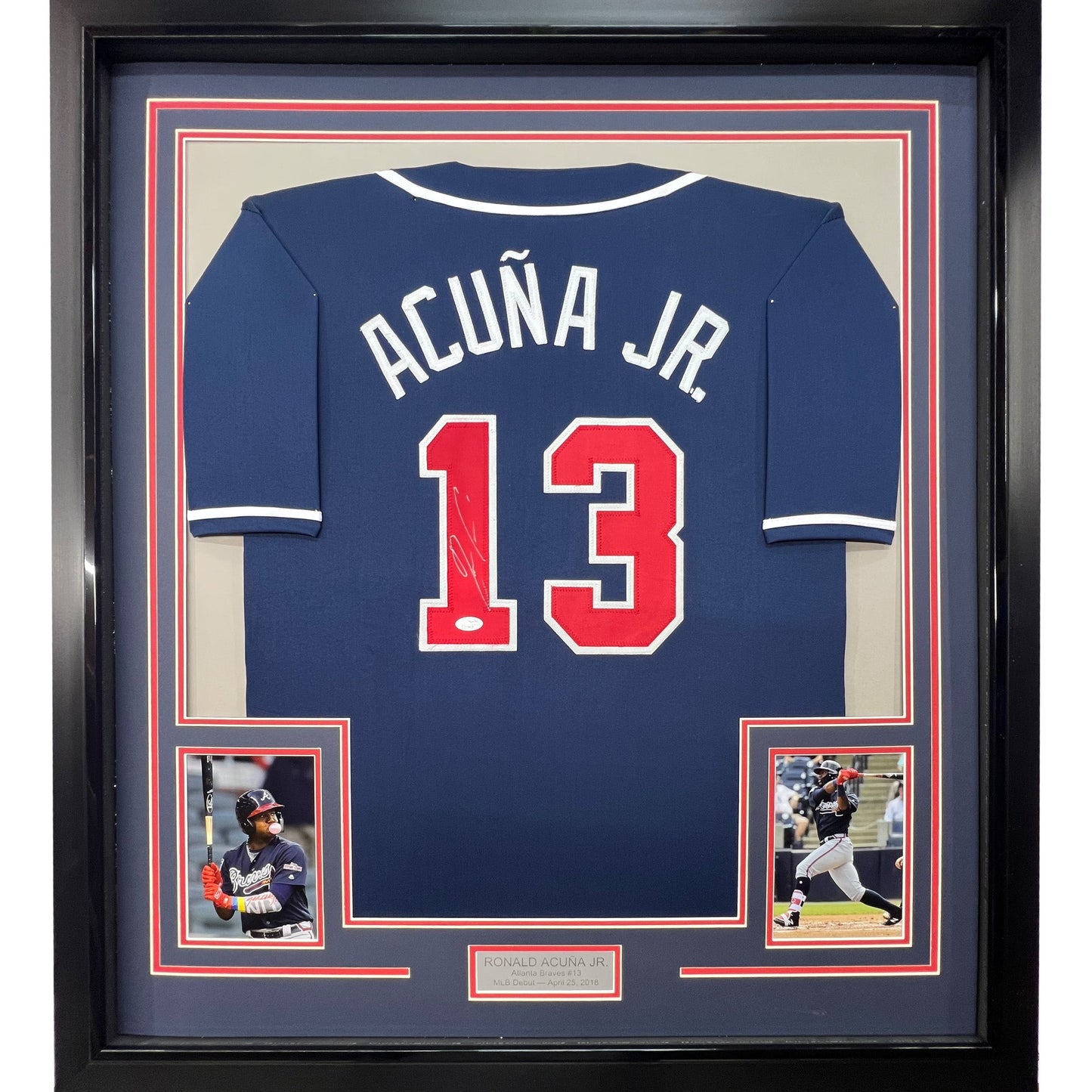Framed Autographed/Signed Ronald Acuna Jr. 35x39 Atlanta Blue Baseball Jersey JSA COA