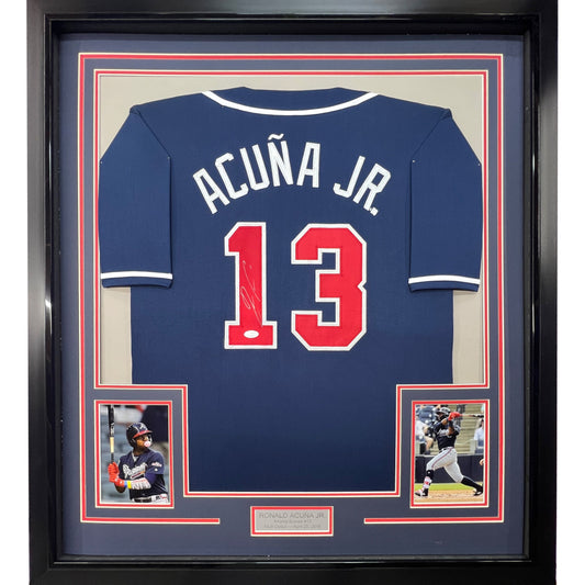 Framed Autographed/Signed Ronald Acuna Jr. 35x39 Atlanta Blue Baseball Jersey JSA COA