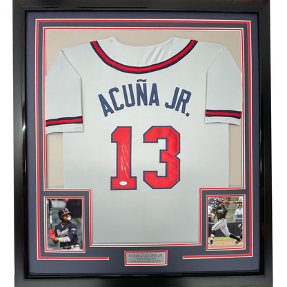 Framed Autographed/Signed Ronald Acuna Jr. 35x39 Atlanta Grey Baseball Jersey JSA COA