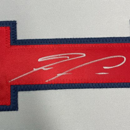 Framed Autographed/Signed Ronald Acuna Jr. 35x39 Atlanta Grey Baseball Jersey JSA COA