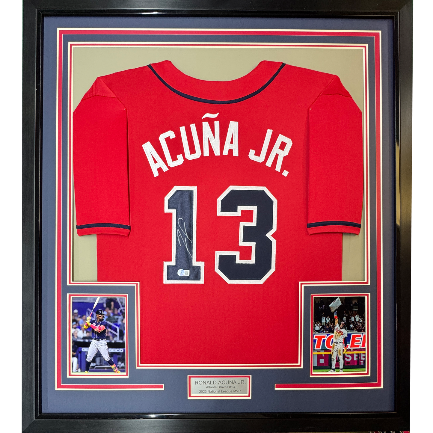 Framed Autographed/Signed Ronald Acuna Jr. 35x39 Atlanta Red Baseball Jersey JSA COA